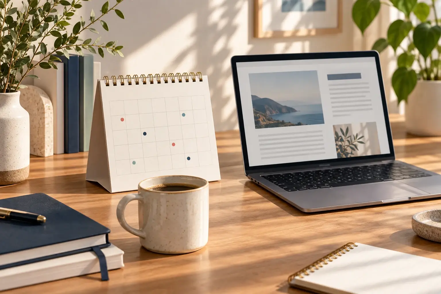 Blog publishing calendar and planning materials beside a laptop