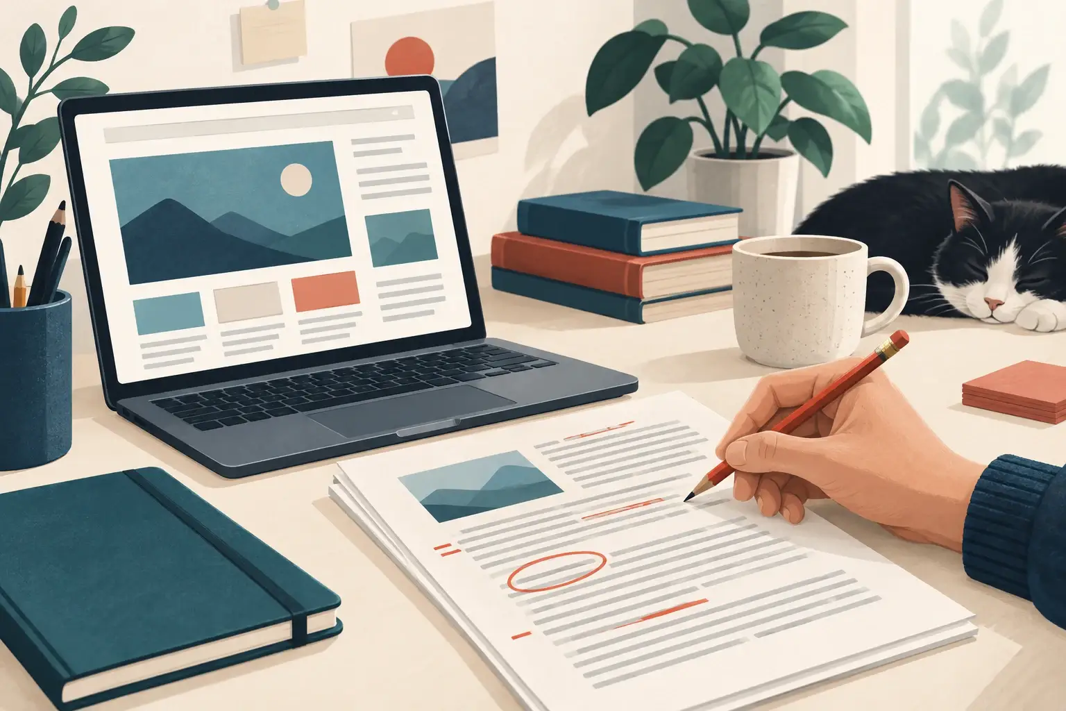 Editorial review materials beside a laptop for checking WordPress content