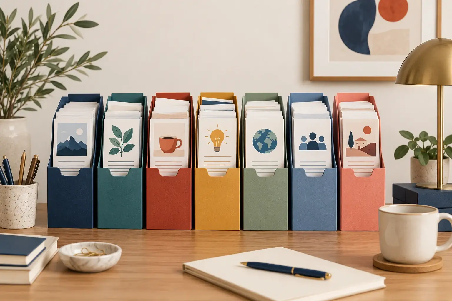 Seven colored folders holding article cards organized into website content categories