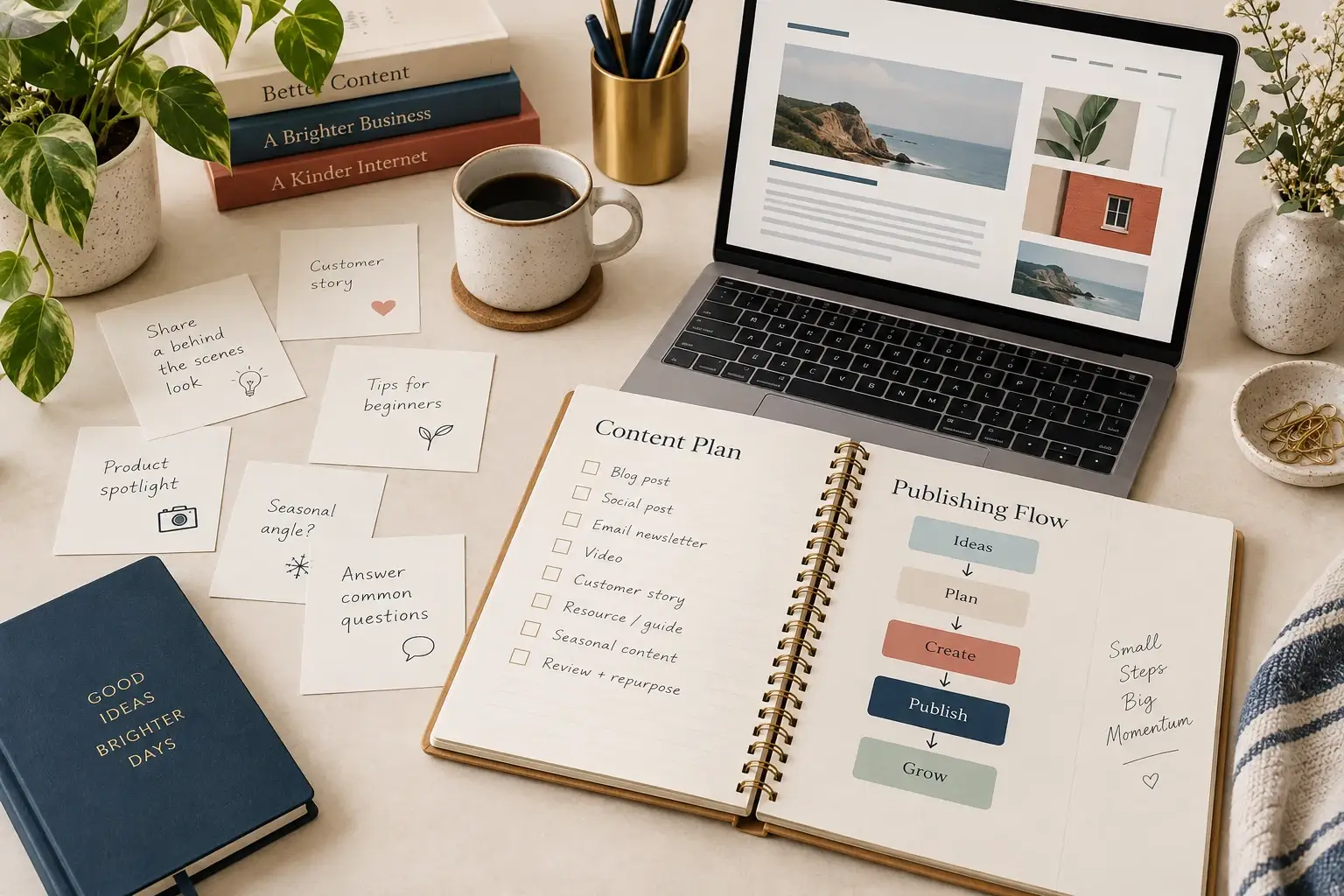 Website content planning notebook, topic cards, and laptop on a desk